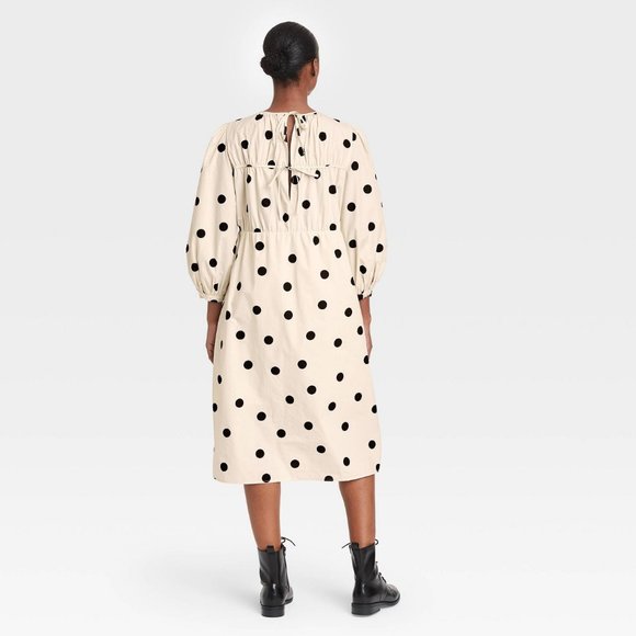 NWOT New Oversized Polka Dot Dress Parachute Puff Sleeve Ecru Black Midi Maxi XS - Picture 2 of 10